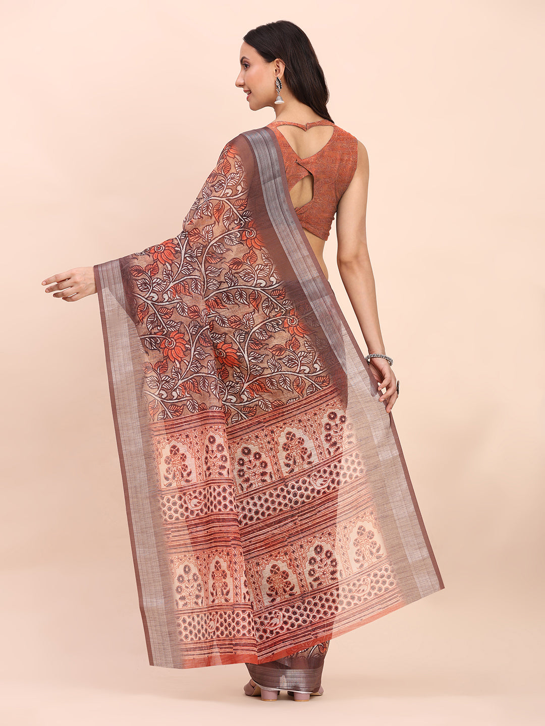 Astita Brown Cotton Cotton Saree with Tribal Floral Print | Bold Ethnic Design | Lightweight Casual & Festive Saree for Women