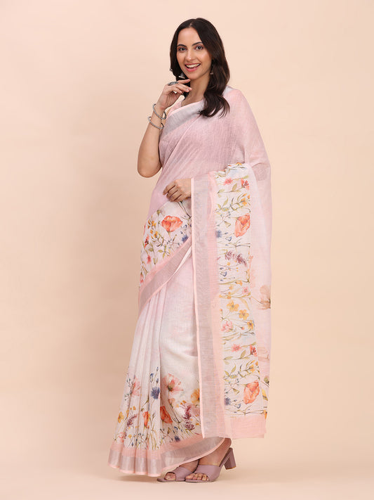 Astita Light Pink Cotton Cotton Saree with Tribal Floral Print | Bold Ethnic Design | Lightweight Casual & Festive Saree for Women