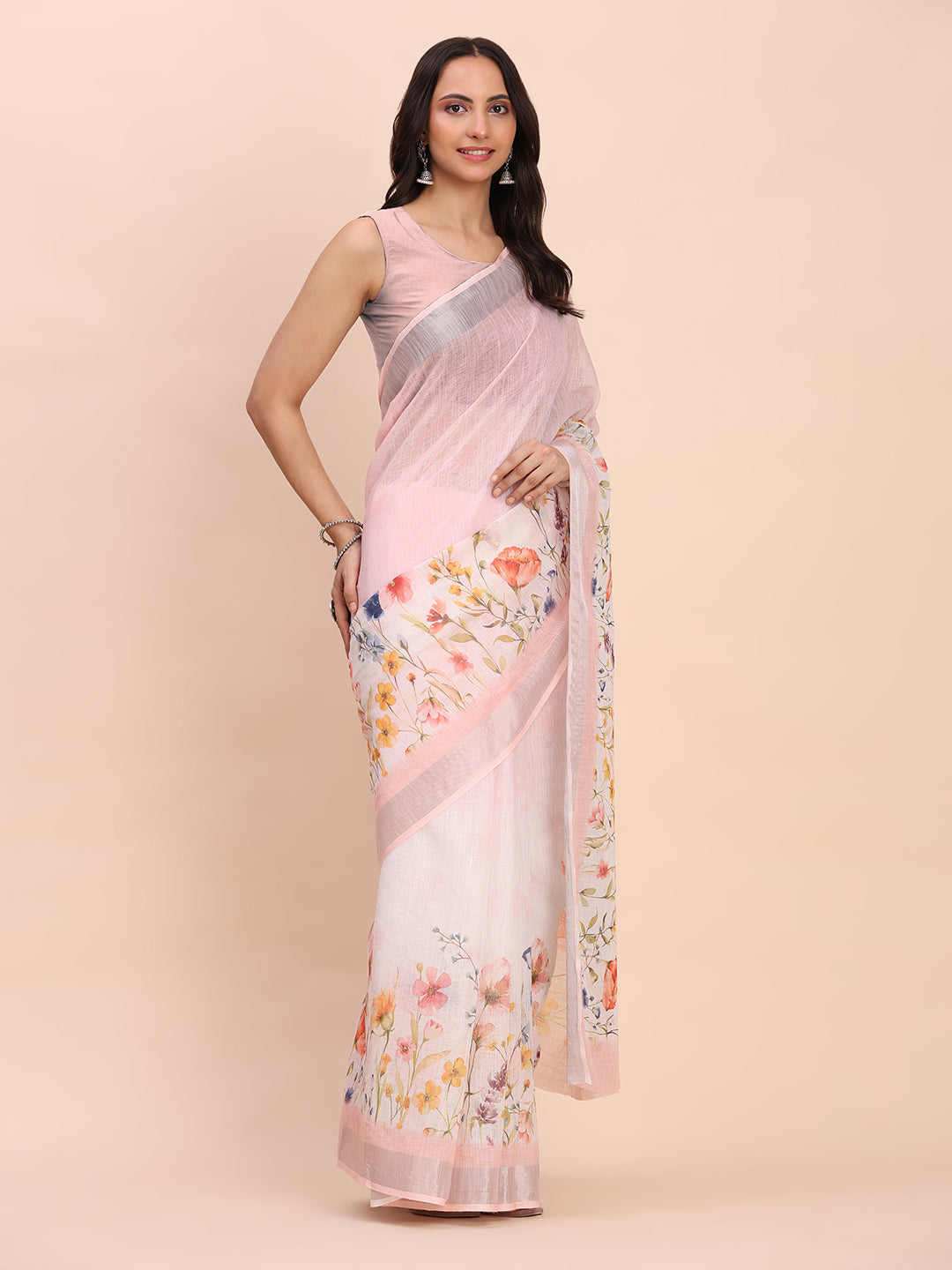 Astita Light Pink Cotton Cotton Saree with Tribal Floral Print | Bold Ethnic Design | Lightweight Casual & Festive Saree for Women