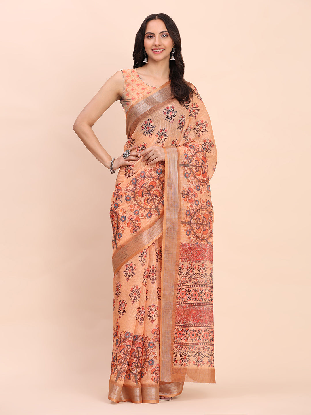 Astita Orange Cotton Cotton Saree with Tribal Floral Print | Bold Ethnic Design | Lightweight Casual & Festive Saree for Women