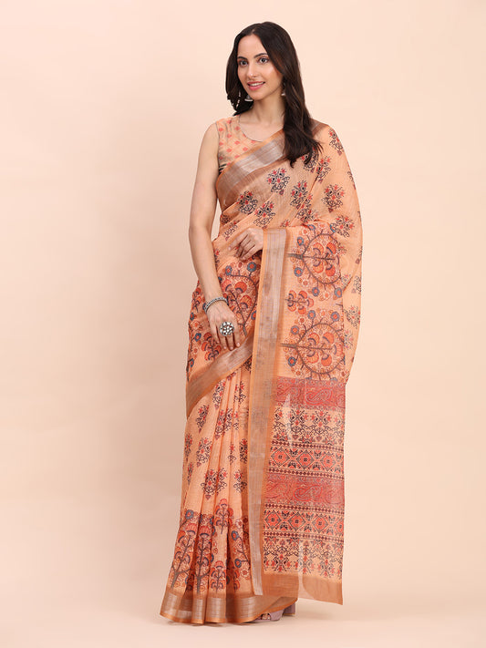Astita Orange Cotton Cotton Saree with Tribal Floral Print | Bold Ethnic Design | Lightweight Casual & Festive Saree for Women