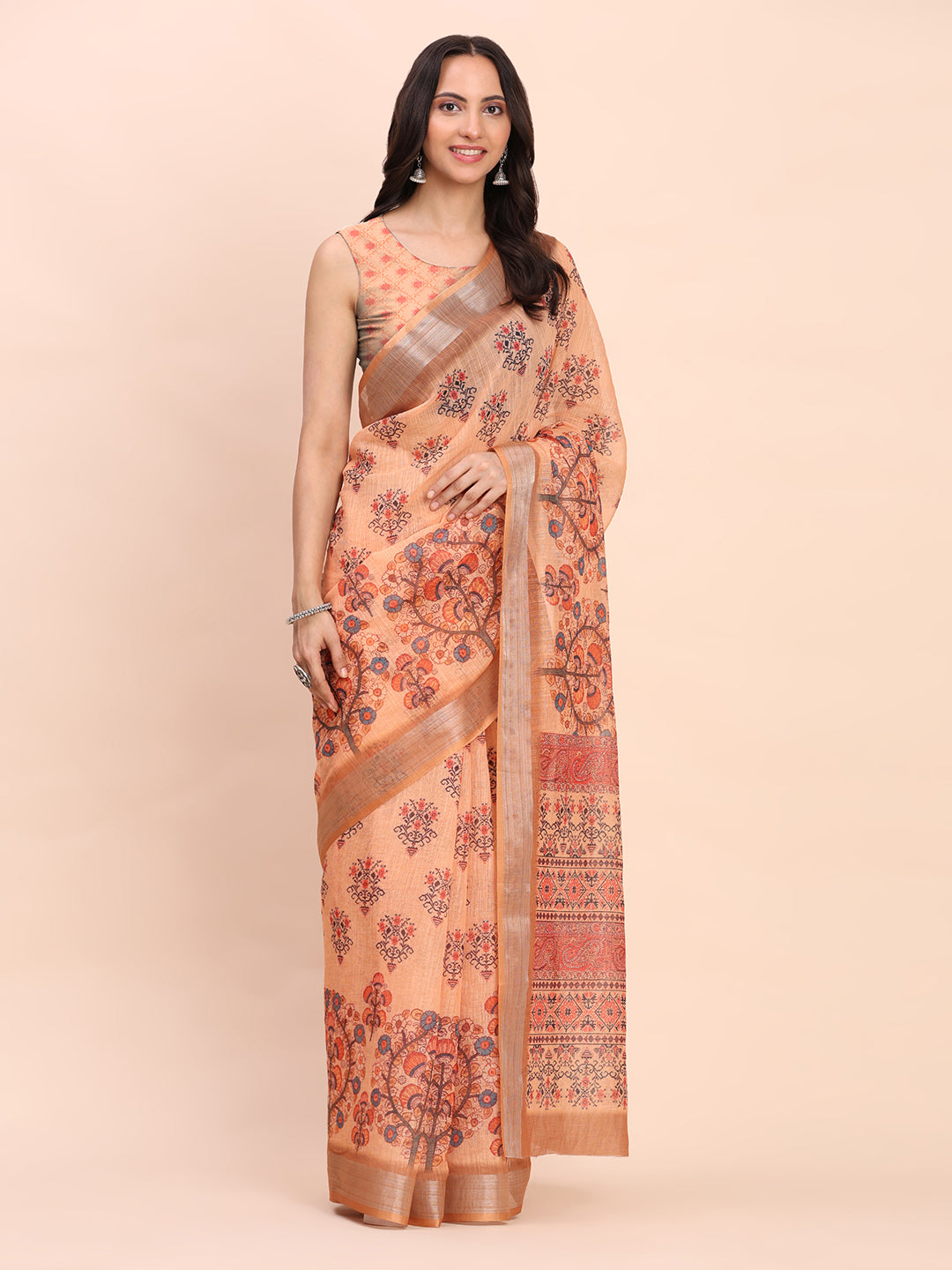 Astita Orange Cotton Cotton Saree with Tribal Floral Print | Bold Ethnic Design | Lightweight Casual & Festive Saree for Women