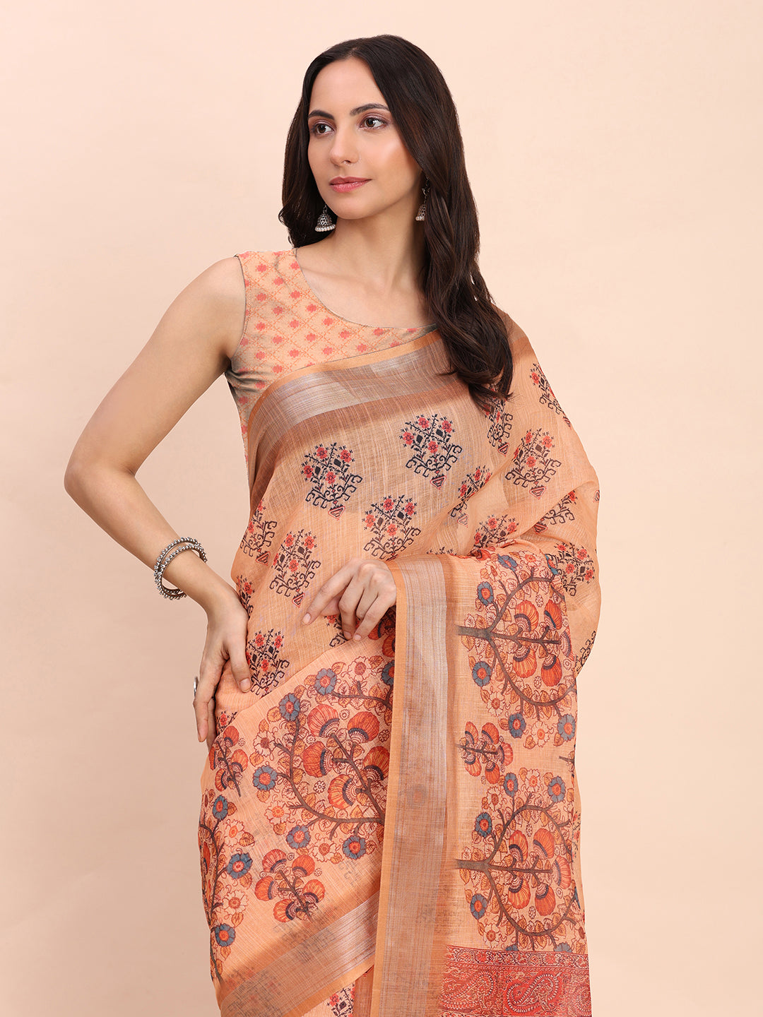 Astita Orange Cotton Cotton Saree with Tribal Floral Print | Bold Ethnic Design | Lightweight Casual & Festive Saree for Women