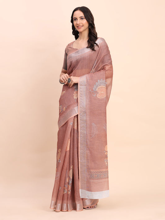 Astita Brown Cotton Cotton Saree with Tribal Floral Print | Bold Ethnic Design | Lightweight Casual & Festive Saree for Women