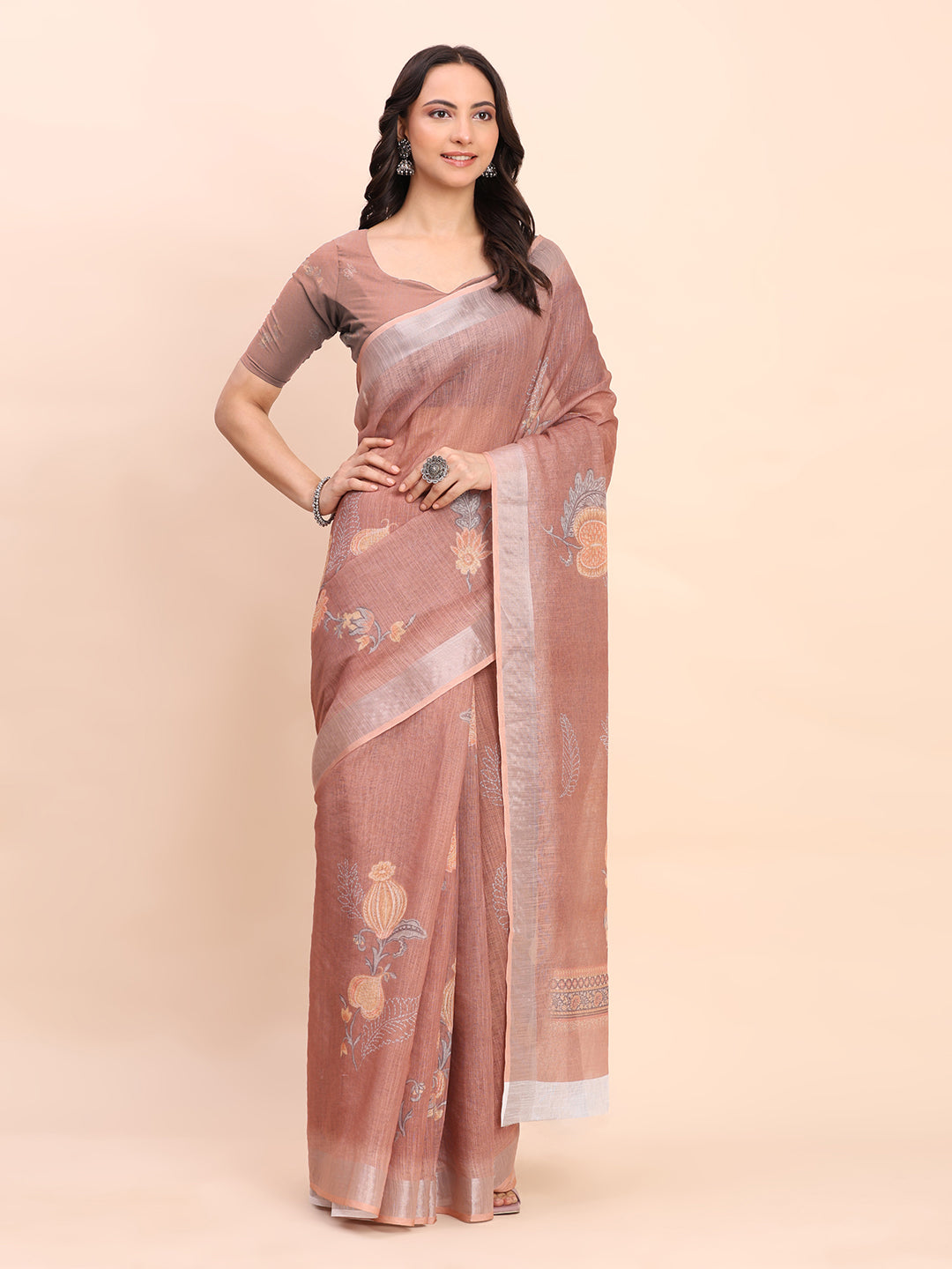 Astita Brown Cotton Cotton Saree with Tribal Floral Print | Bold Ethnic Design | Lightweight Casual & Festive Saree for Women