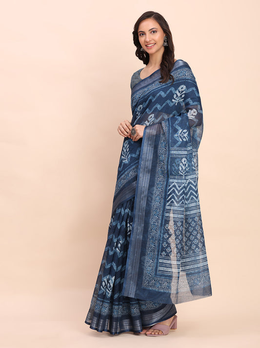Astita Indigo Blue Cotton Cotton Saree with Tribal Floral Print | Bold Ethnic Design | Lightweight Casual & Festive Saree for Women