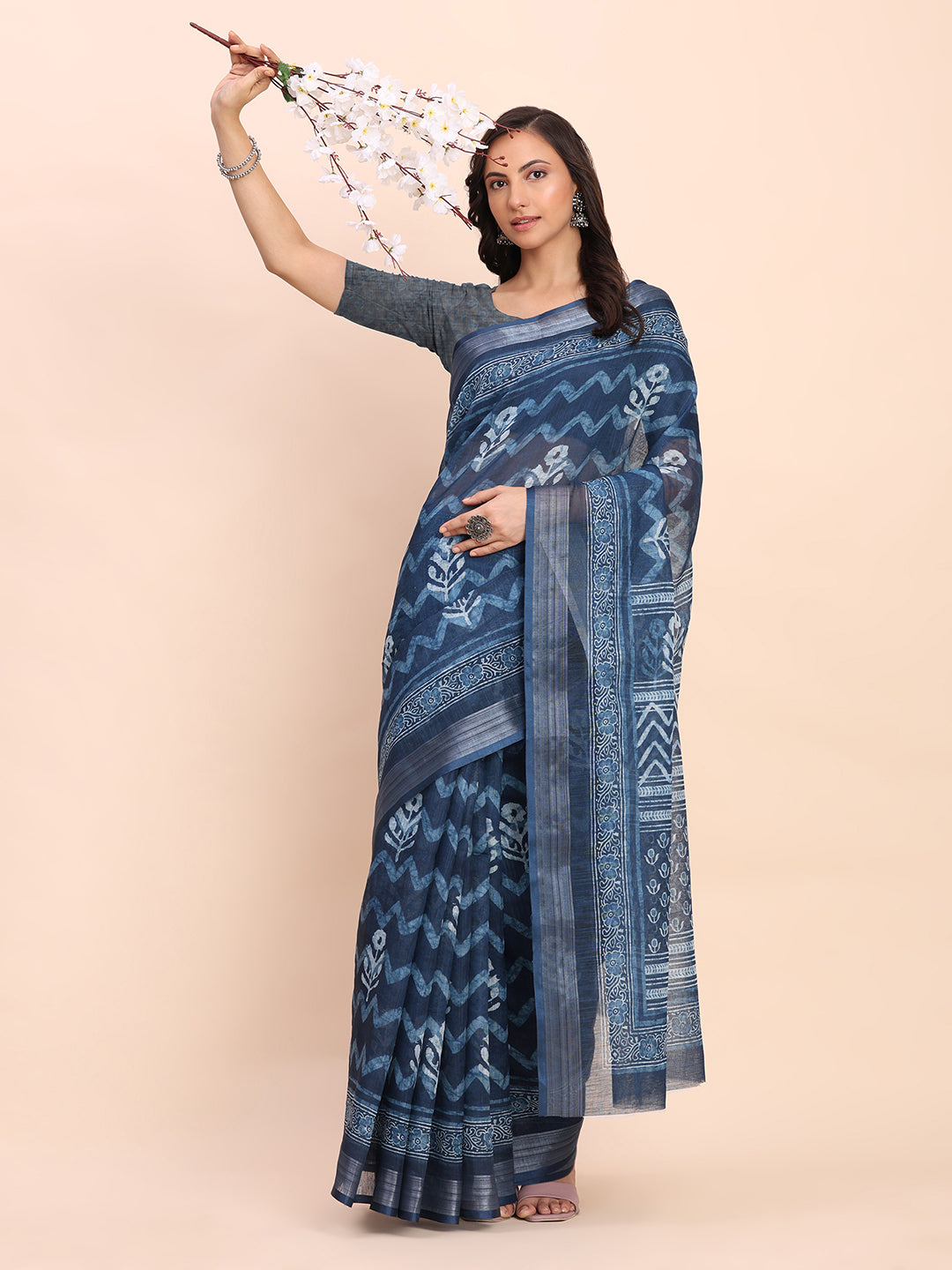 Astita Indigo Blue Cotton Cotton Saree with Tribal Floral Print | Bold Ethnic Design | Lightweight Casual & Festive Saree for Women