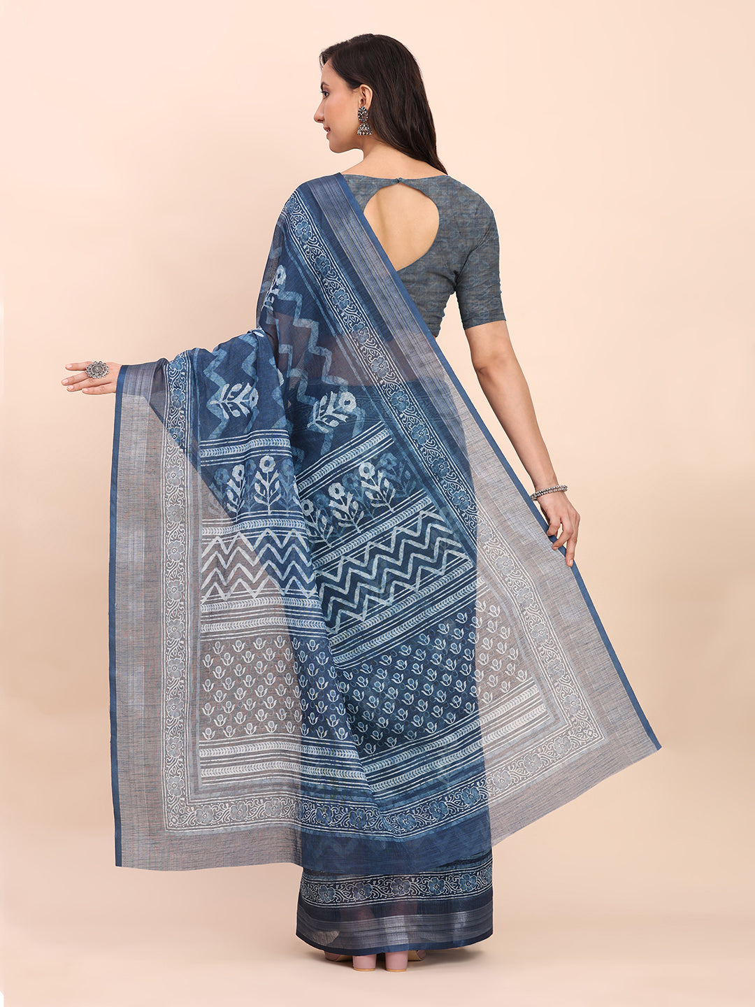 Astita Indigo Blue Cotton Cotton Saree with Tribal Floral Print | Bold Ethnic Design | Lightweight Casual & Festive Saree for Women