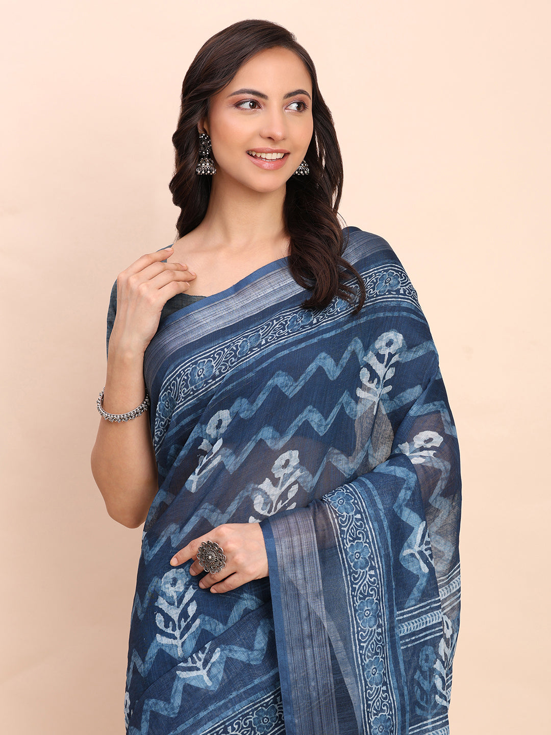 Astita Indigo Blue Cotton Cotton Saree with Tribal Floral Print | Bold Ethnic Design | Lightweight Casual & Festive Saree for Women
