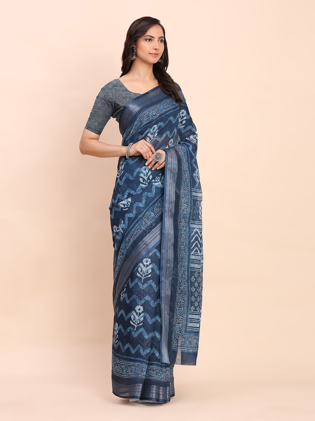 Astita Indigo Blue Cotton Cotton Saree with Tribal Floral Print | Bold Ethnic Design | Lightweight Casual & Festive Saree for Women