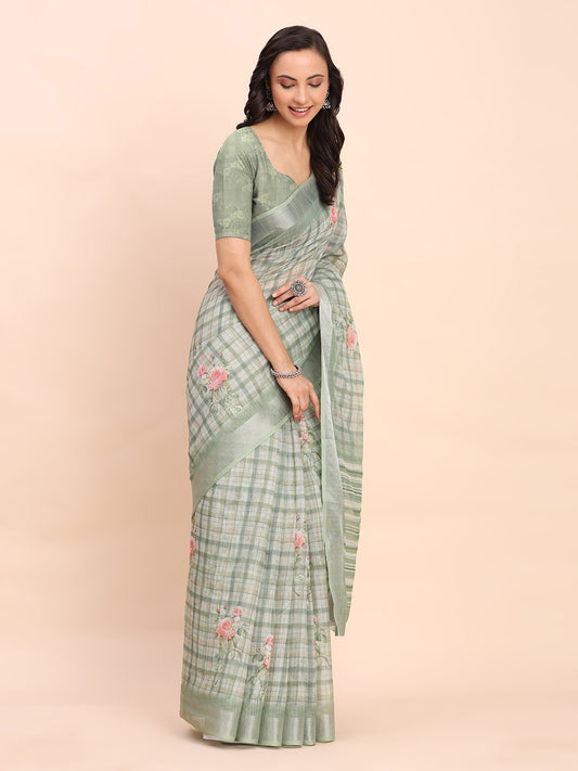 Astita Green Cotton Cotton Saree with Tribal Floral Print | Bold Ethnic Design | Lightweight Casual & Festive Saree for Women