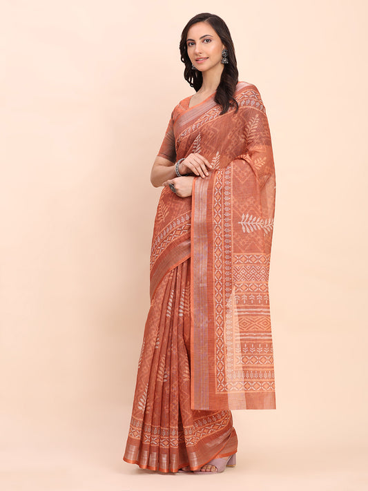 Astita Rust Cotton Cotton Saree with Tribal Floral Print | Bold Ethnic Design | Lightweight Casual & Festive Saree for Women