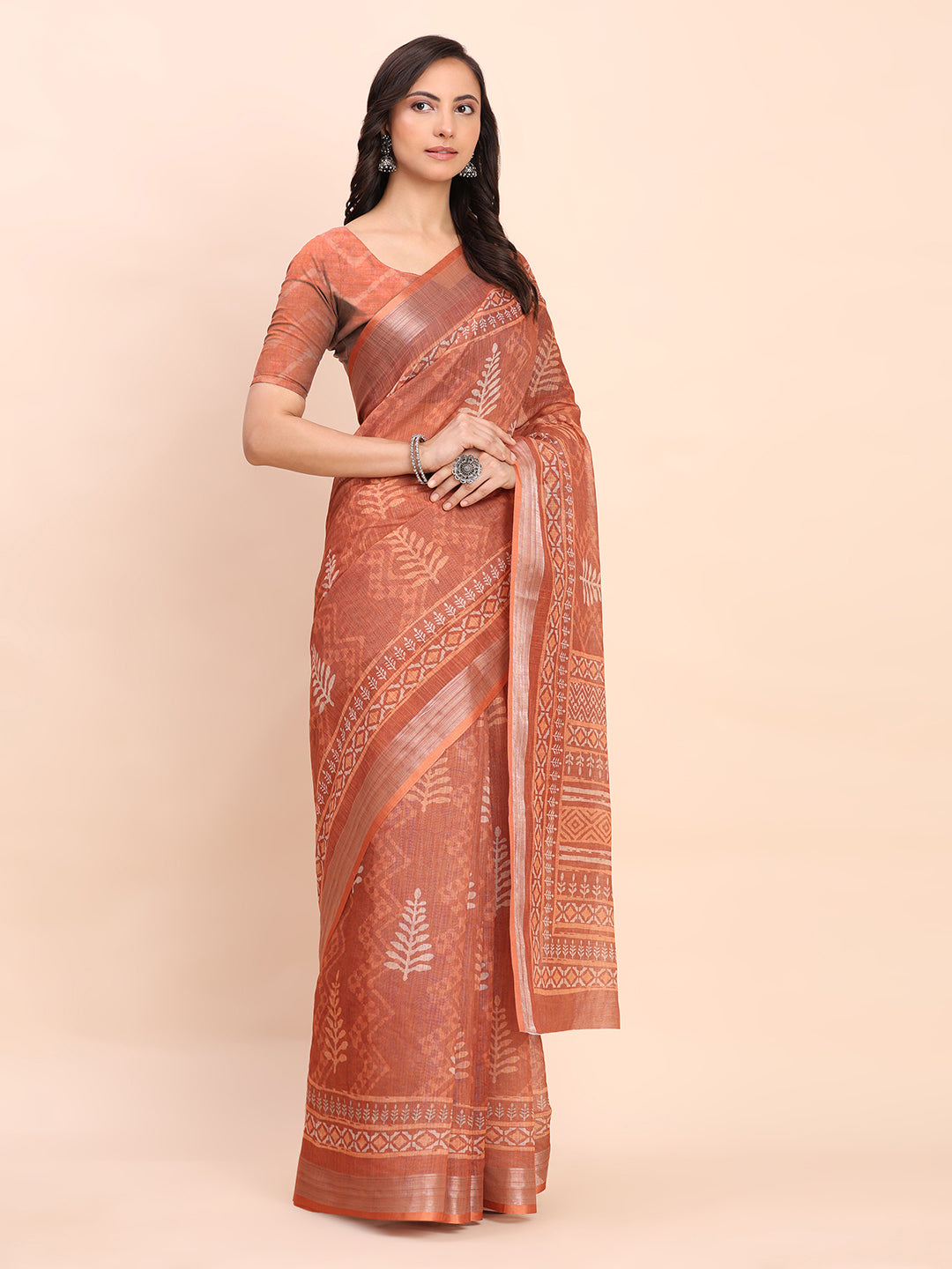 Astita Rust Cotton Cotton Saree with Tribal Floral Print | Bold Ethnic Design | Lightweight Casual & Festive Saree for Women