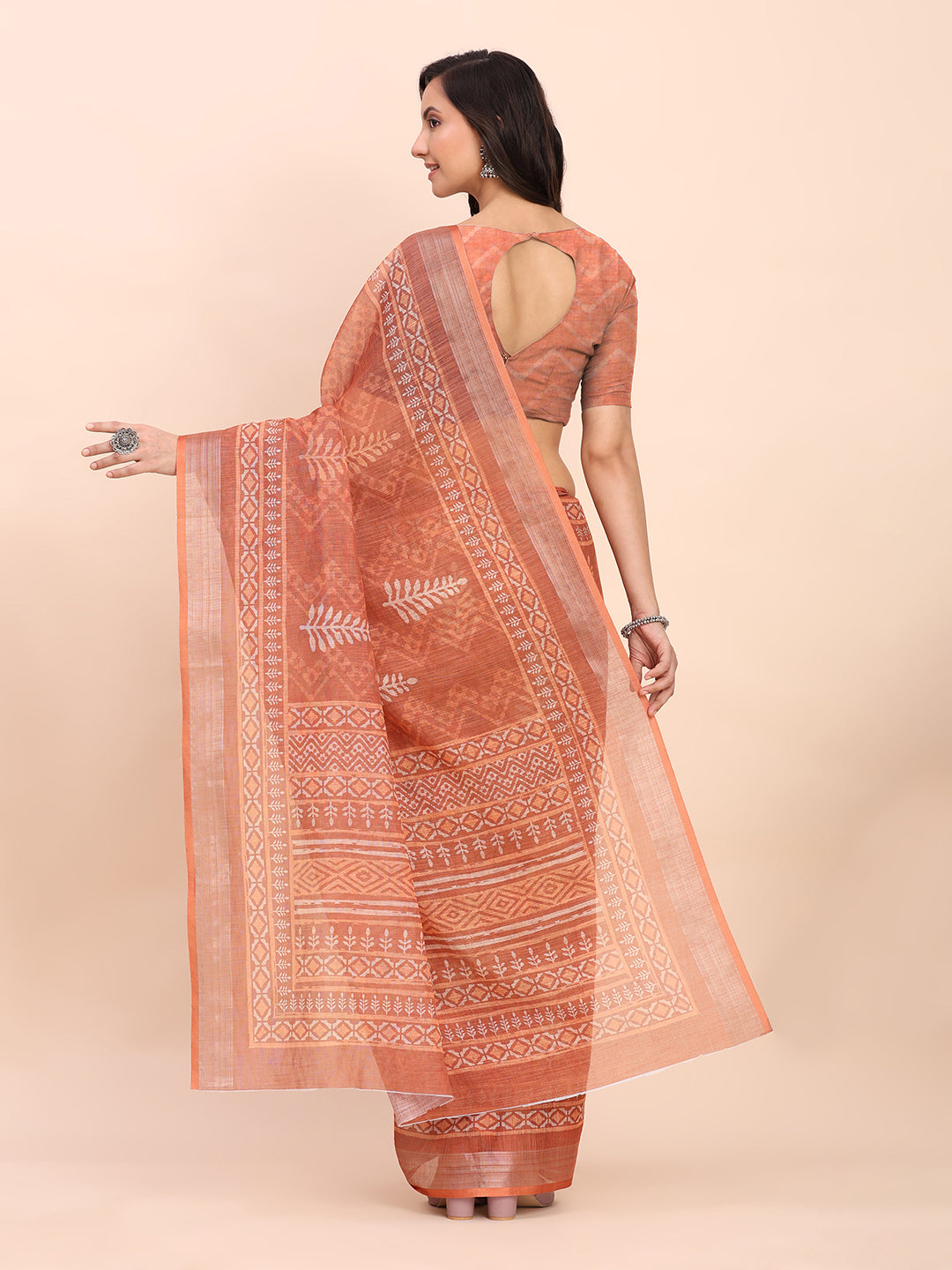 Astita Rust Cotton Cotton Saree with Tribal Floral Print | Bold Ethnic Design | Lightweight Casual & Festive Saree for Women