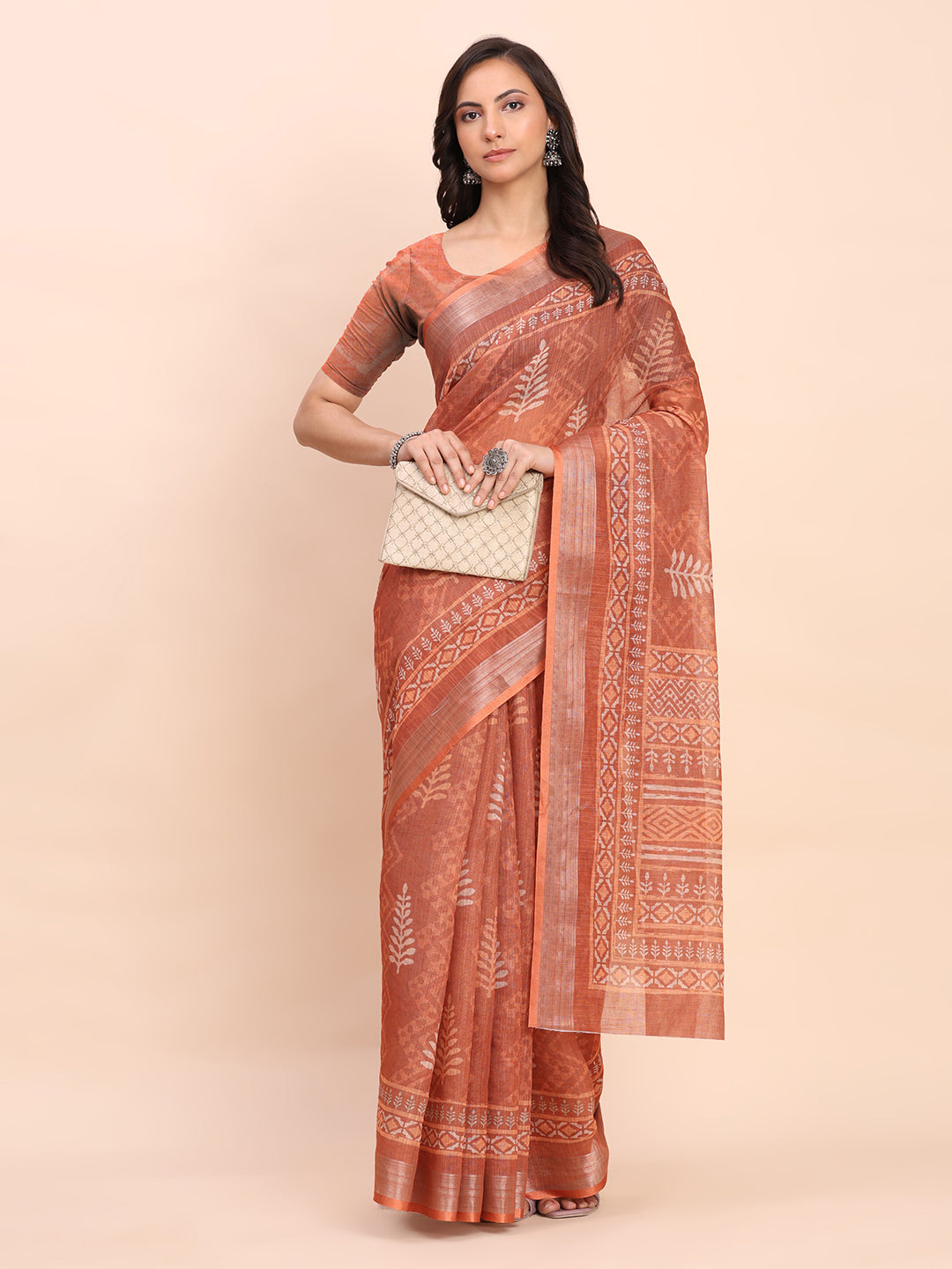 Astita Rust Cotton Cotton Saree with Tribal Floral Print | Bold Ethnic Design | Lightweight Casual & Festive Saree for Women