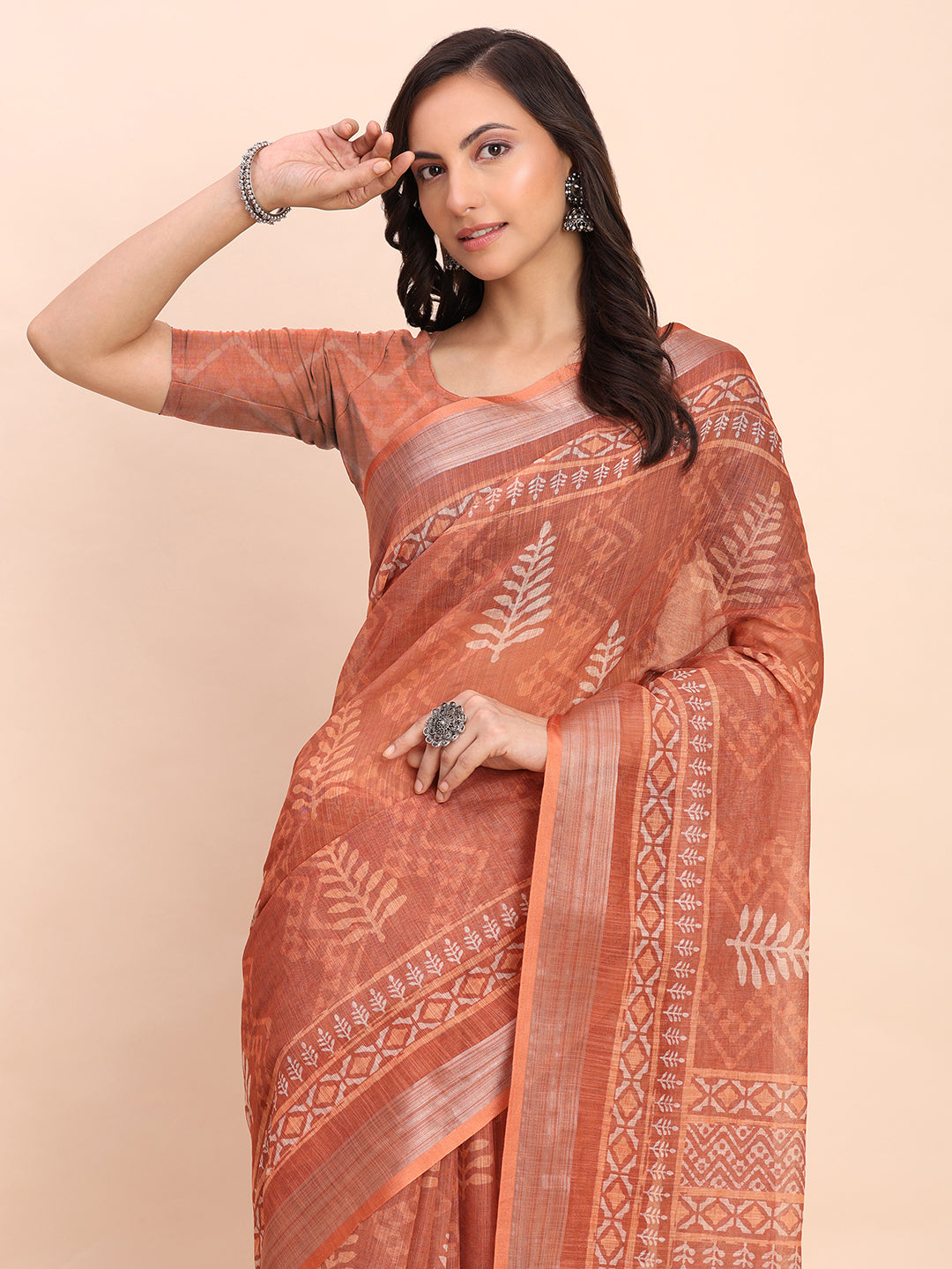 Astita Rust Cotton Cotton Saree with Tribal Floral Print | Bold Ethnic Design | Lightweight Casual & Festive Saree for Women