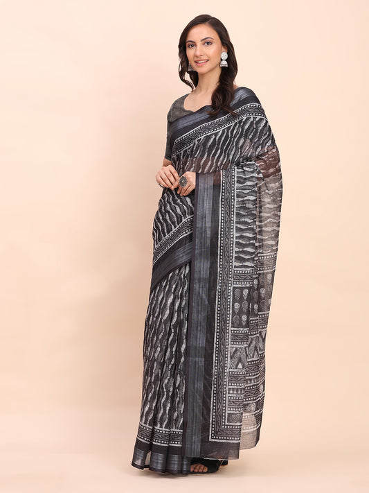 Astita Black Cotton Cotton Saree with Tribal Floral Print | Bold Ethnic Design | Lightweight Casual & Festive Saree for Women