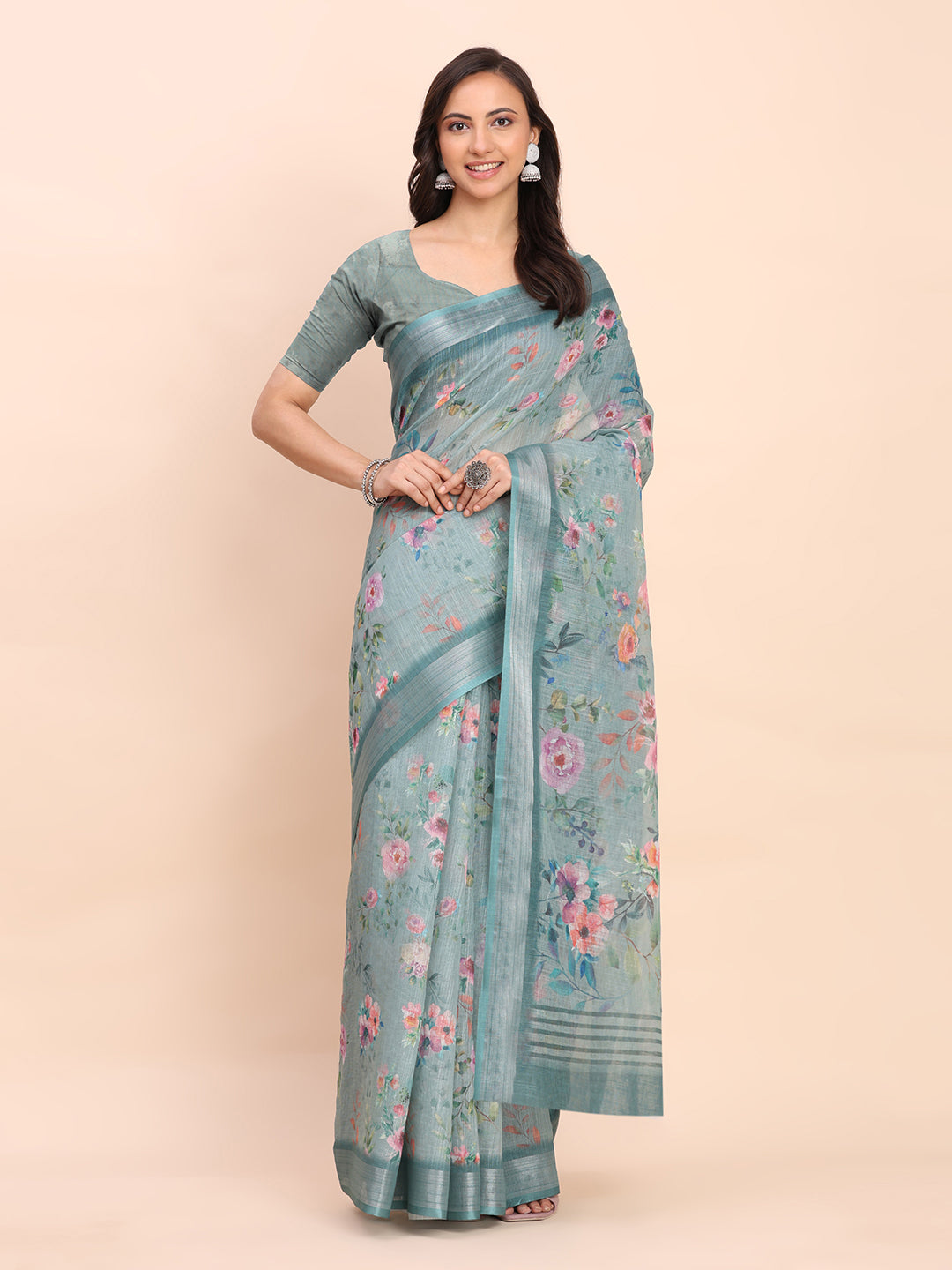 Astita Sea Green Cotton Cotton Saree with Tribal Floral Print | Bold Ethnic Design | Lightweight Casual & Festive Saree for Women