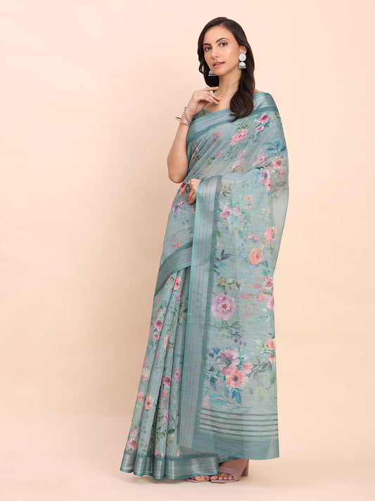 Astita Sea Green Cotton Cotton Saree with Tribal Floral Print | Bold Ethnic Design | Lightweight Casual & Festive Saree for Women