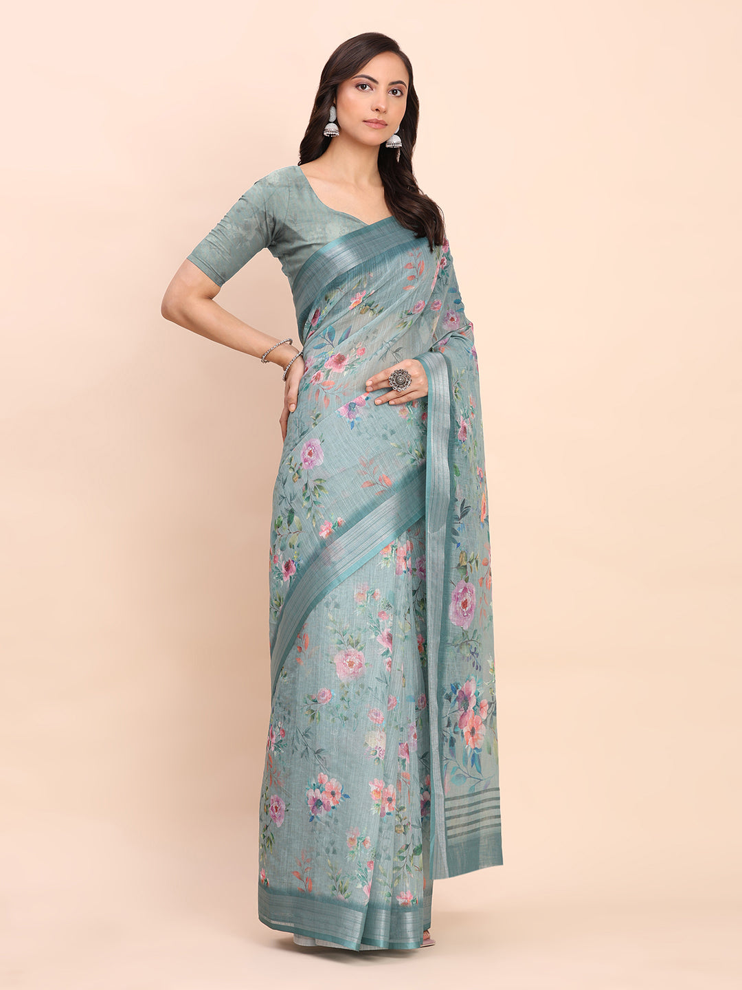 Astita Sea Green Cotton Cotton Saree with Tribal Floral Print | Bold Ethnic Design | Lightweight Casual & Festive Saree for Women