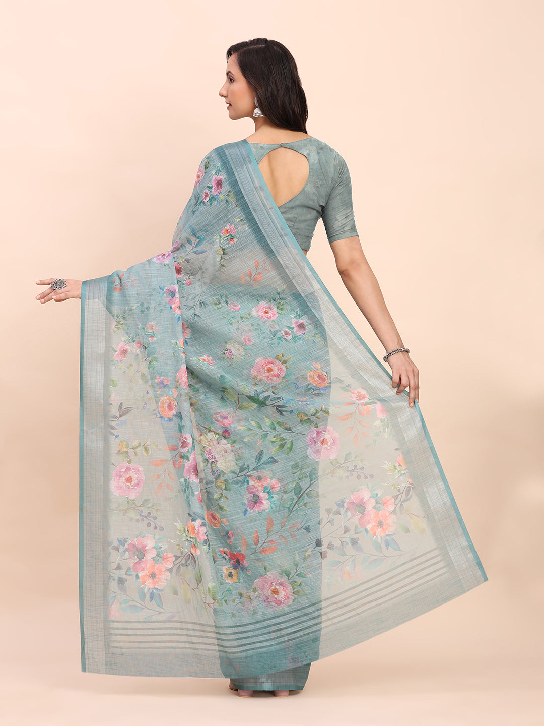 Astita Sea Green Cotton Cotton Saree with Tribal Floral Print | Bold Ethnic Design | Lightweight Casual & Festive Saree for Women