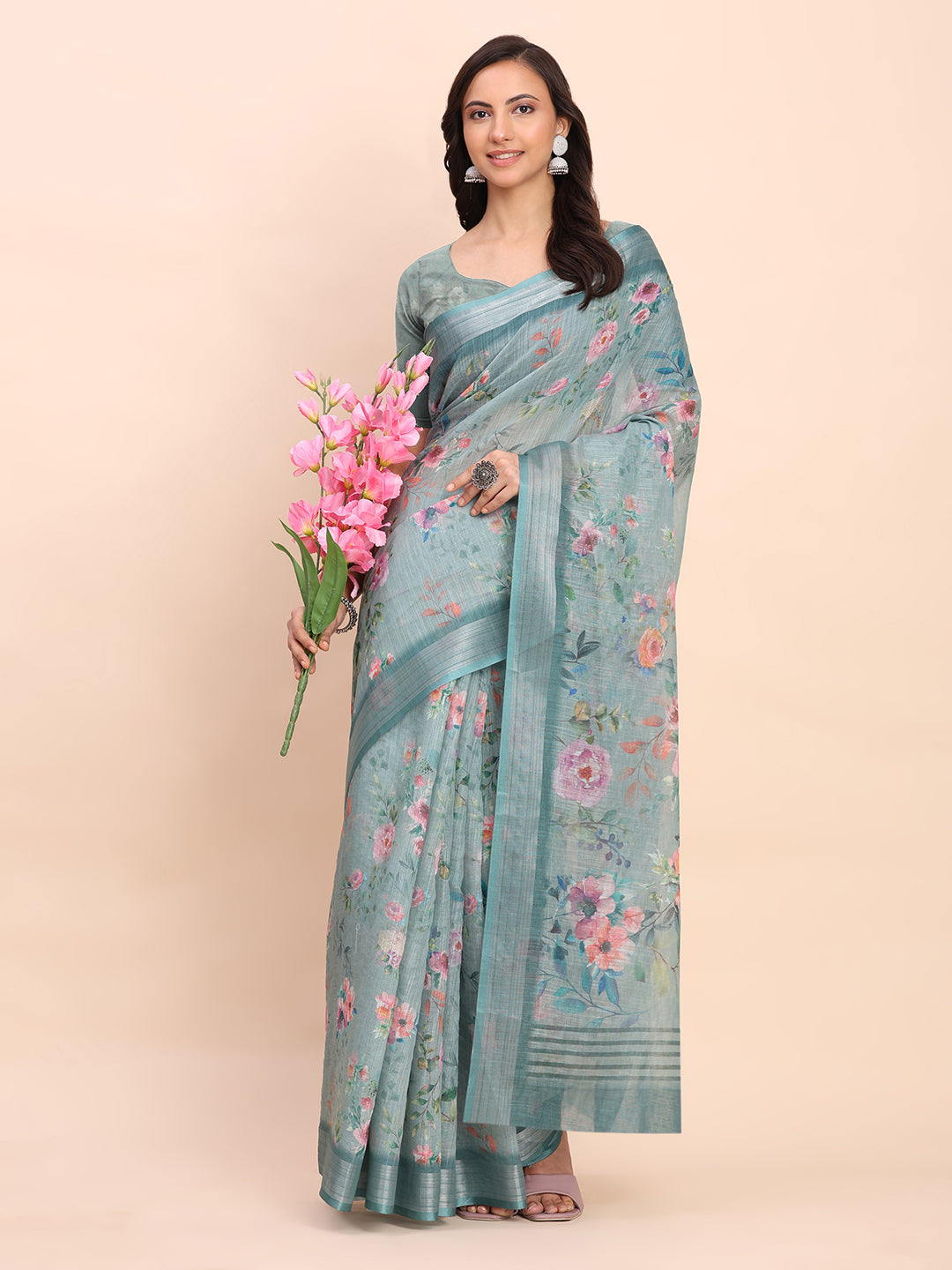 Astita Sea Green Cotton Cotton Saree with Tribal Floral Print | Bold Ethnic Design | Lightweight Casual & Festive Saree for Women