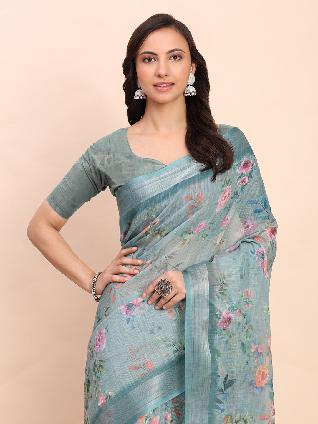 Astita Sea Green Cotton Cotton Saree with Tribal Floral Print | Bold Ethnic Design | Lightweight Casual & Festive Saree for Women
