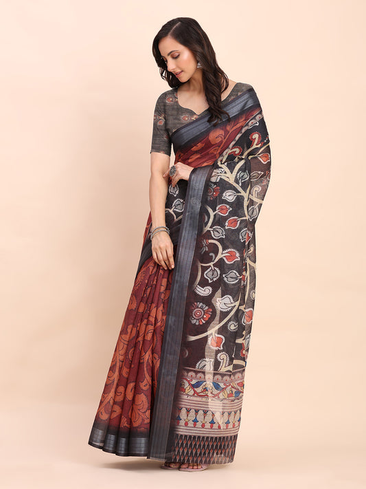 Astita maroon Cotton Cotton Saree with Tribal Floral Print | Bold Ethnic Design | Lightweight Casual & Festive Saree for Women