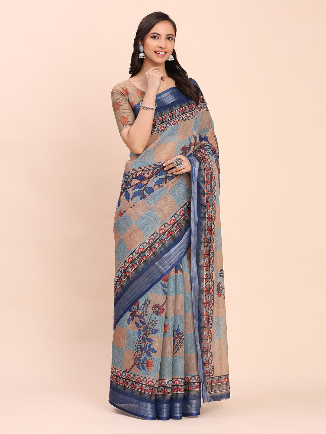 Astita Cream Cotton Cotton Saree with Tribal Floral Print | Bold Ethnic Design | Lightweight Casual & Festive Saree for Women