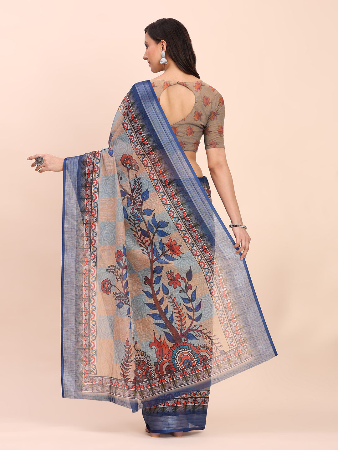 Astita Cream Cotton Cotton Saree with Tribal Floral Print | Bold Ethnic Design | Lightweight Casual & Festive Saree for Women