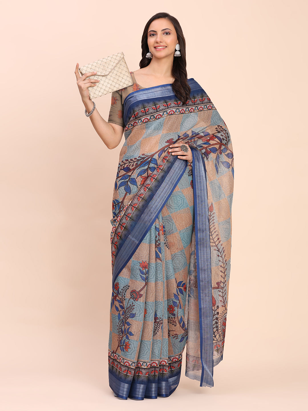 Astita Cream Cotton Cotton Saree with Tribal Floral Print | Bold Ethnic Design | Lightweight Casual & Festive Saree for Women
