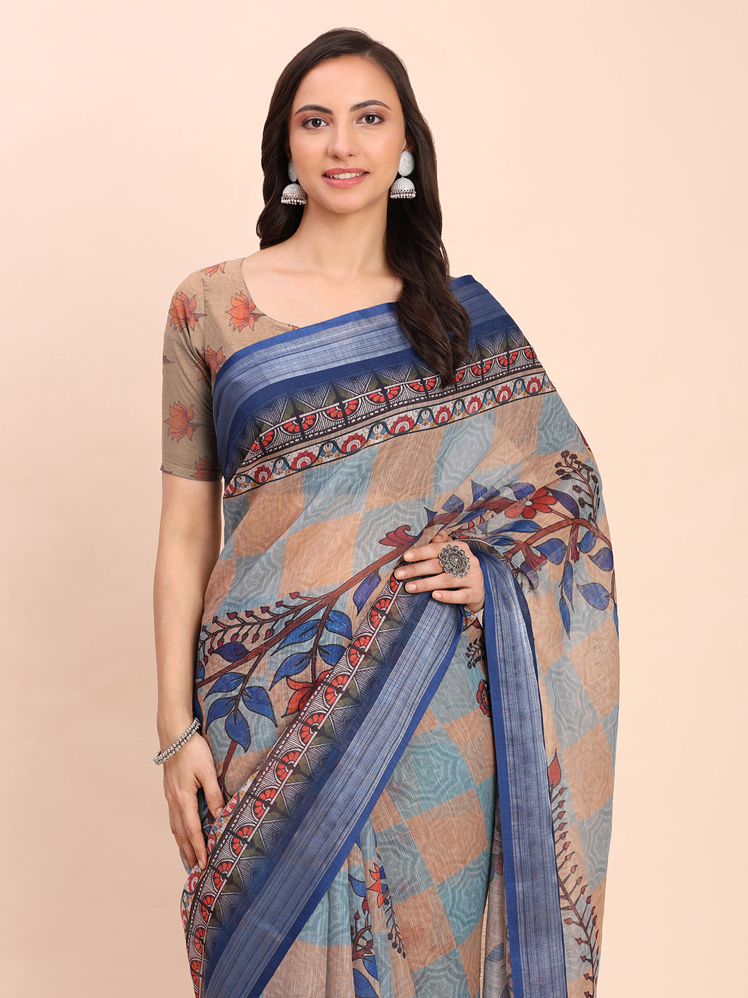 Astita Cream Cotton Cotton Saree with Tribal Floral Print | Bold Ethnic Design | Lightweight Casual & Festive Saree for Women