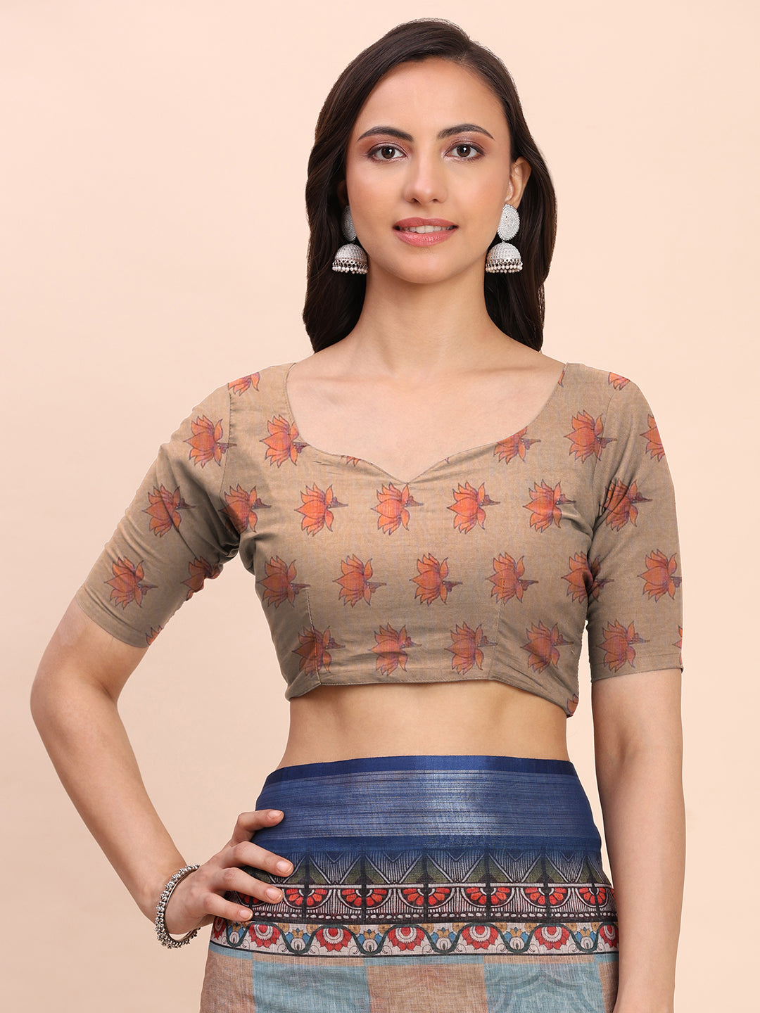 Astita Cream Cotton Cotton Saree with Tribal Floral Print | Bold Ethnic Design | Lightweight Casual & Festive Saree for Women