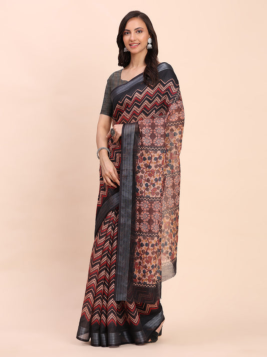 Astita Black Cotton Cotton Saree with Tribal Floral Print | Bold Ethnic Design | Lightweight Casual & Festive Saree for Women