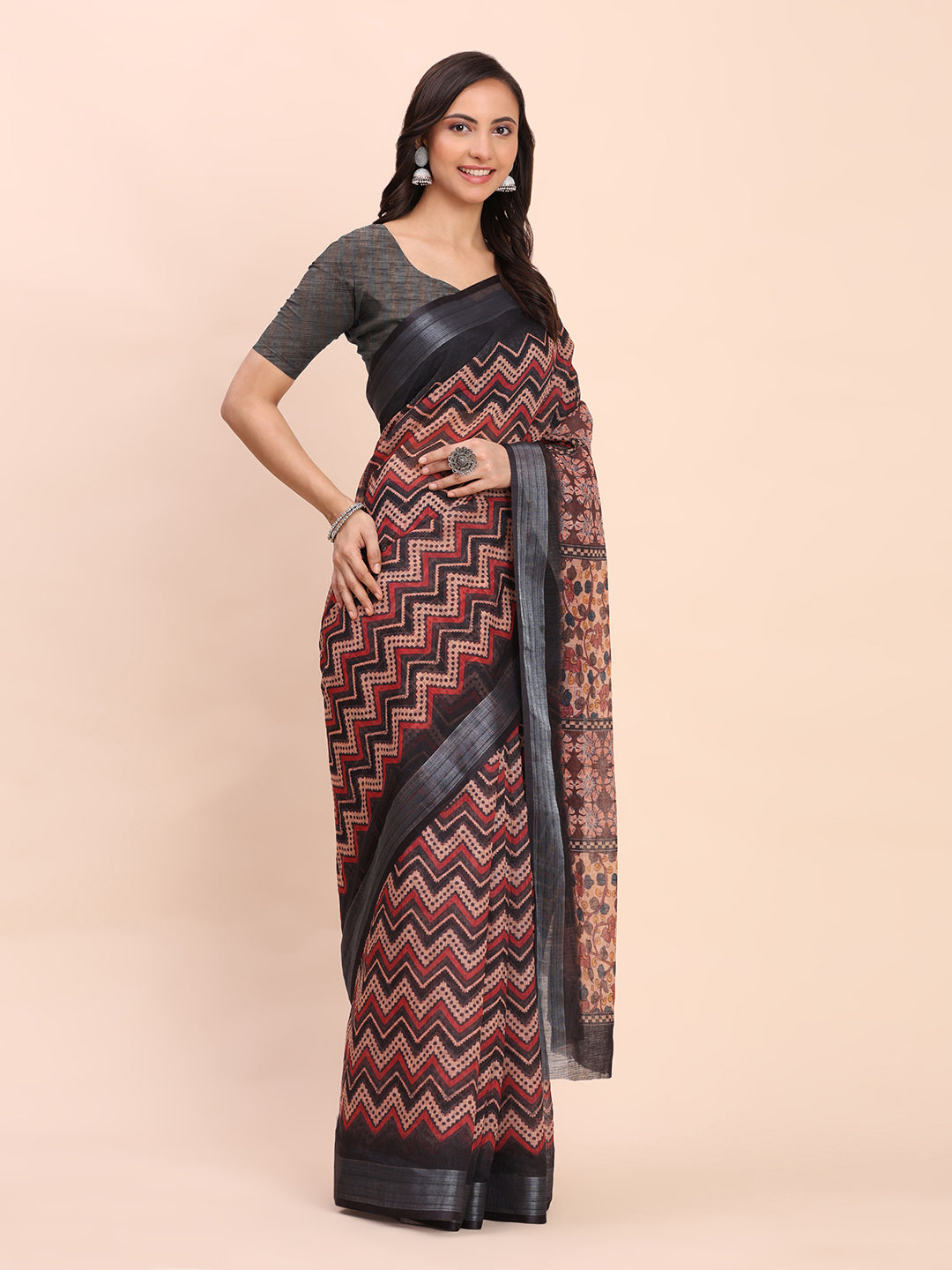 Astita Black Cotton Cotton Saree with Tribal Floral Print | Bold Ethnic Design | Lightweight Casual & Festive Saree for Women