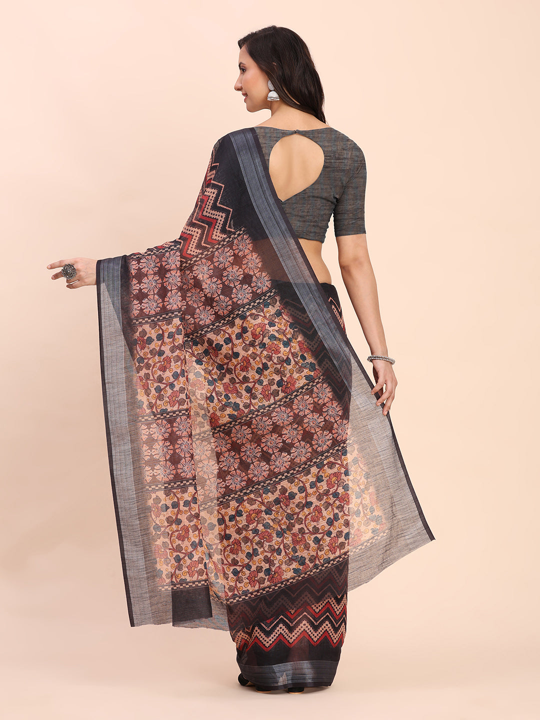 Astita Black Cotton Cotton Saree with Tribal Floral Print | Bold Ethnic Design | Lightweight Casual & Festive Saree for Women