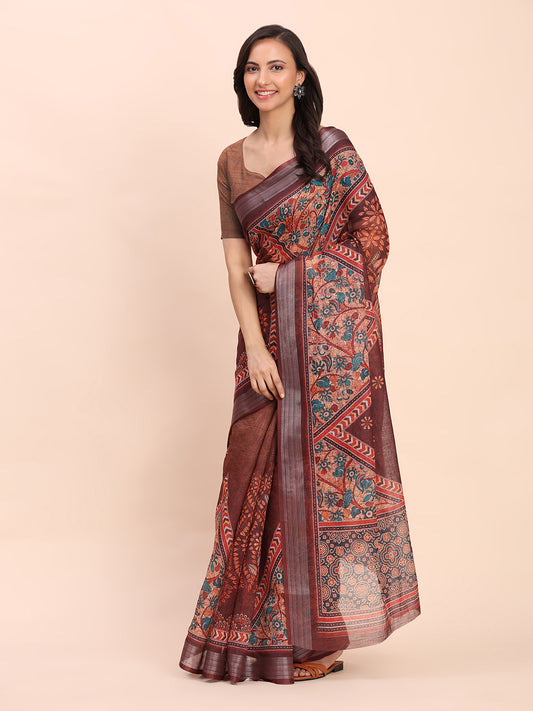 Astita Brown Cotton Cotton Saree with Tribal Floral Print | Bold Ethnic Design | Lightweight Casual & Festive Saree for Women