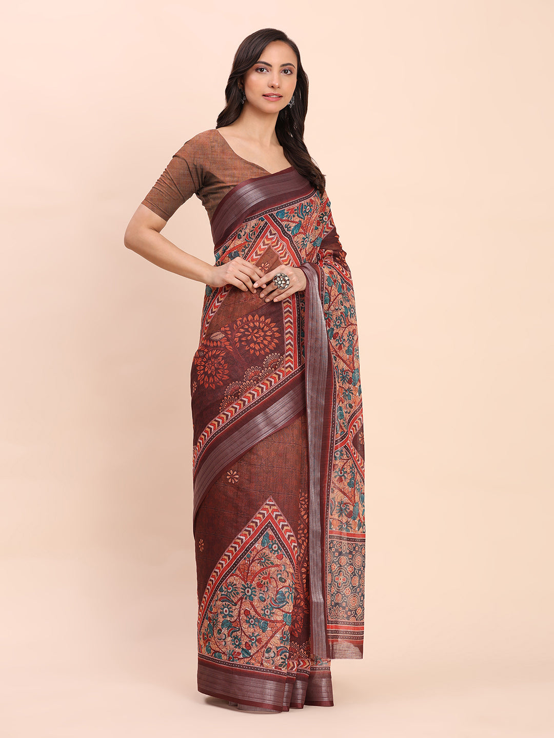 Astita Brown Cotton Cotton Saree with Tribal Floral Print | Bold Ethnic Design | Lightweight Casual & Festive Saree for Women