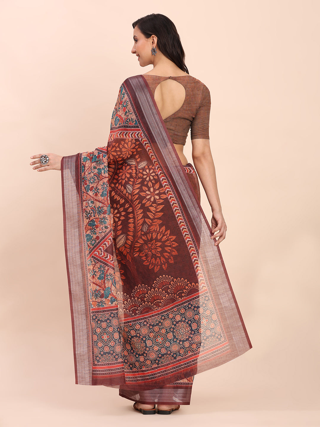 Astita Brown Cotton Cotton Saree with Tribal Floral Print | Bold Ethnic Design | Lightweight Casual & Festive Saree for Women
