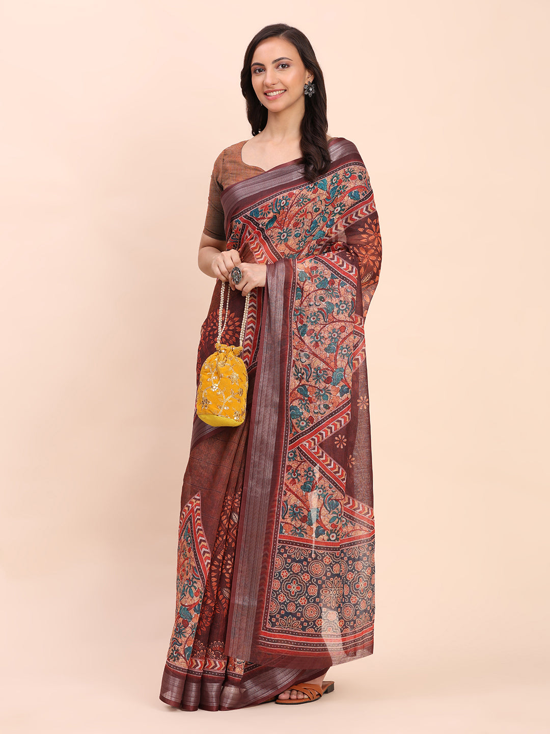 Astita Brown Cotton Cotton Saree with Tribal Floral Print | Bold Ethnic Design | Lightweight Casual & Festive Saree for Women