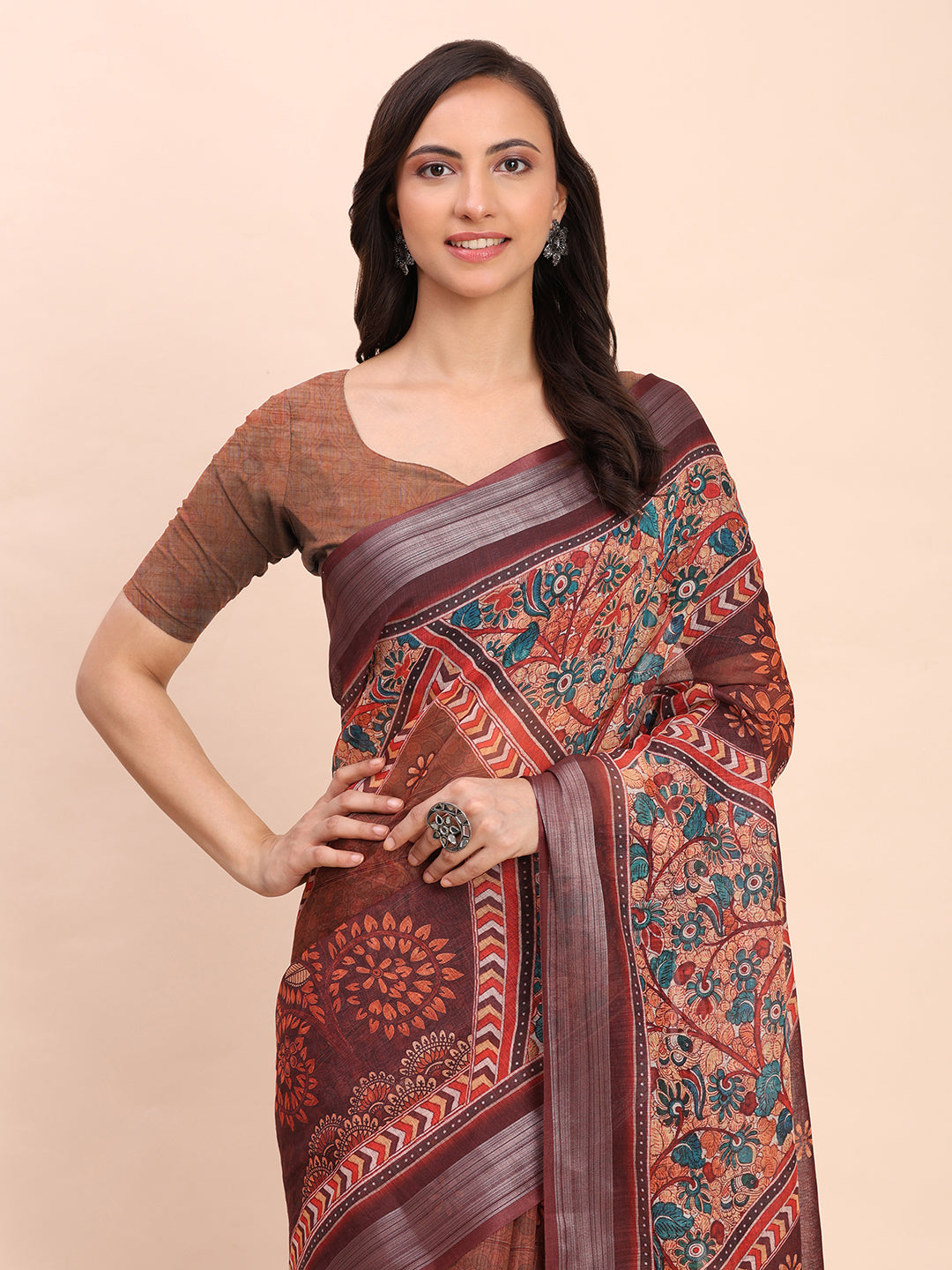 Astita Brown Cotton Cotton Saree with Tribal Floral Print | Bold Ethnic Design | Lightweight Casual & Festive Saree for Women