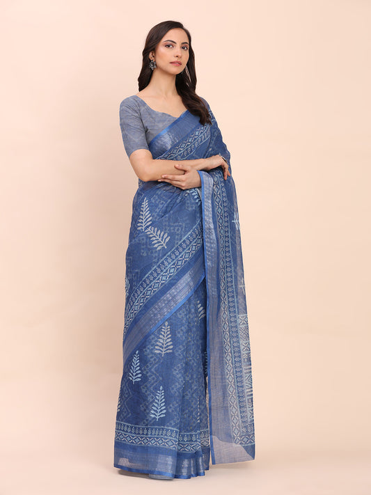 Astita Indigo Blue Cotton Cotton Saree with Tribal Floral Print | Bold Ethnic Design | Lightweight Casual & Festive Saree for Women