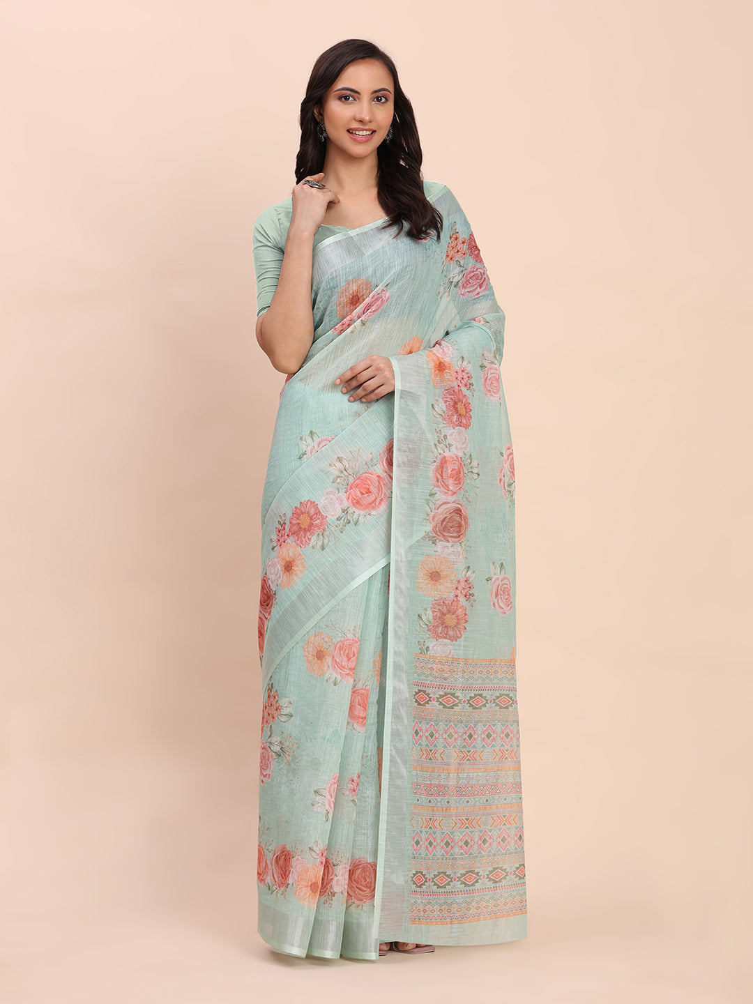 Astita Sea Green Cotton Cotton Saree with Tribal Floral Print | Bold Ethnic Design | Lightweight Casual & Festive Saree for Women
