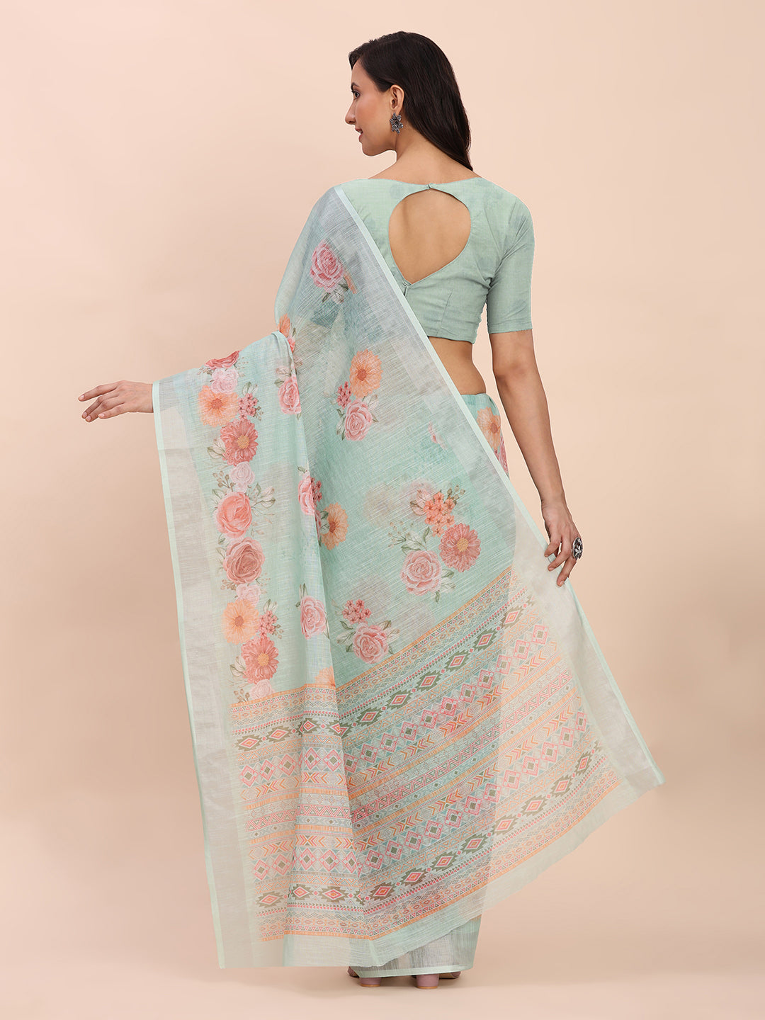 Astita Sea Green Cotton Cotton Saree with Tribal Floral Print | Bold Ethnic Design | Lightweight Casual & Festive Saree for Women