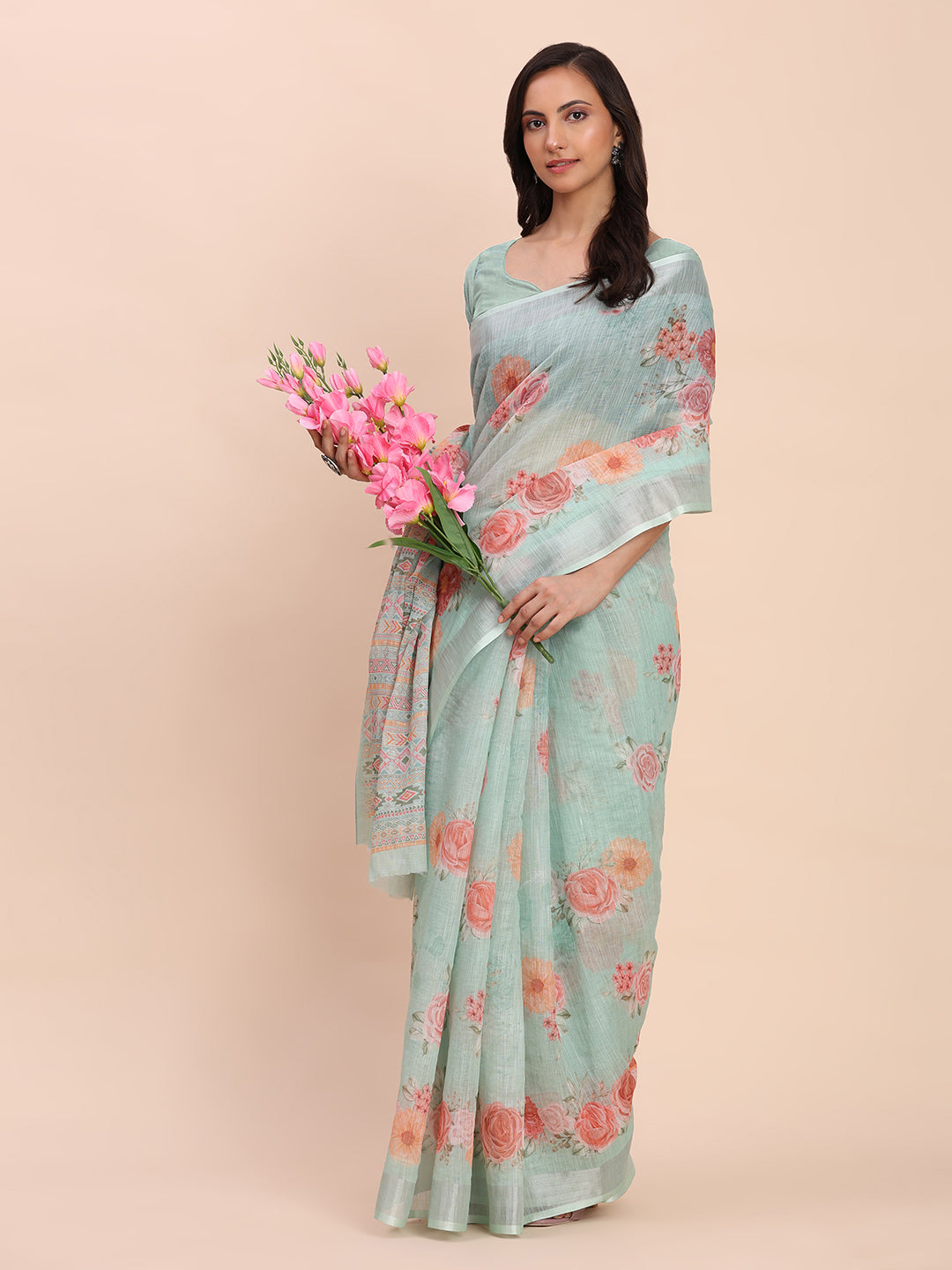 Astita Sea Green Cotton Cotton Saree with Tribal Floral Print | Bold Ethnic Design | Lightweight Casual & Festive Saree for Women