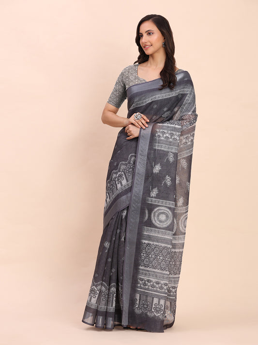 Astita Black Cotton Cotton Saree with Tribal Floral Print | Bold Ethnic Design | Lightweight Casual & Festive Saree for Women