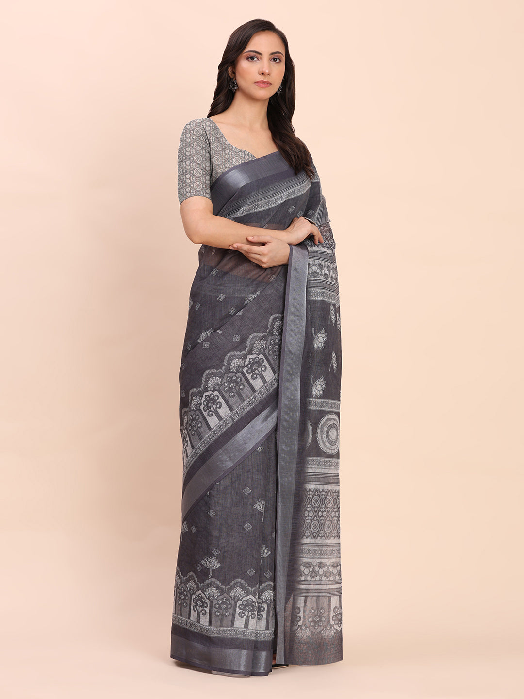 Astita Black Cotton Cotton Saree with Tribal Floral Print | Bold Ethnic Design | Lightweight Casual & Festive Saree for Women