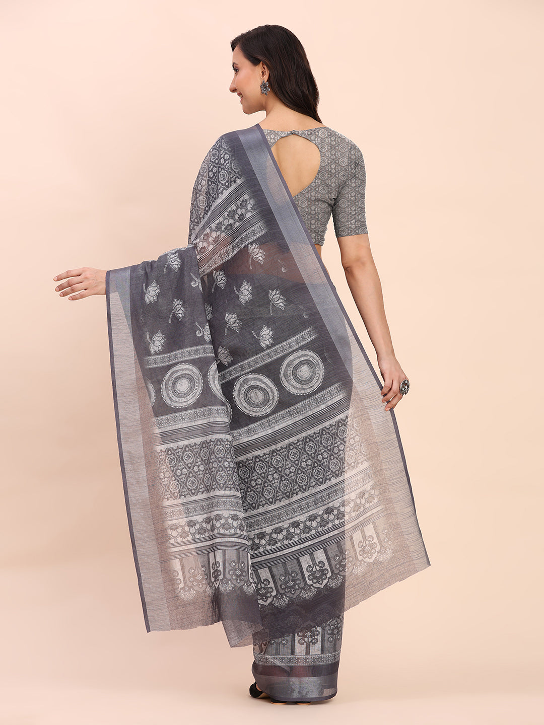 Astita Black Cotton Cotton Saree with Tribal Floral Print | Bold Ethnic Design | Lightweight Casual & Festive Saree for Women