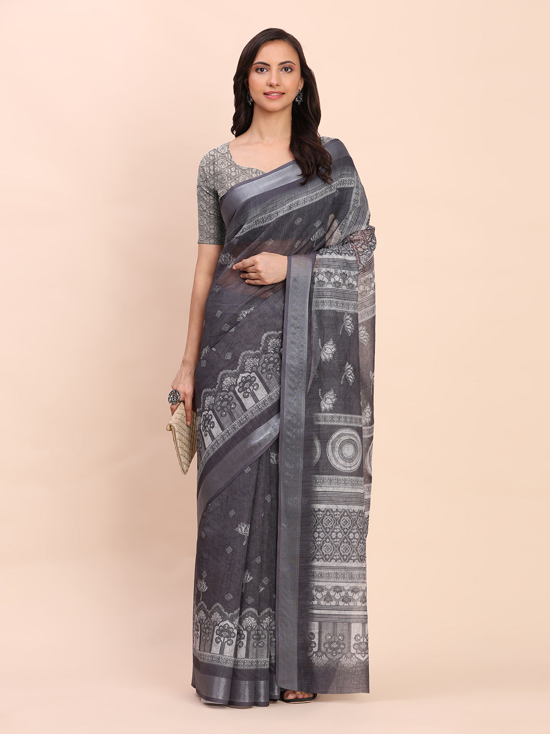 Astita Black Cotton Cotton Saree with Tribal Floral Print | Bold Ethnic Design | Lightweight Casual & Festive Saree for Women