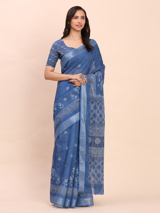 Astita Indigo Blue Cotton Cotton Saree with Tribal Floral Print | Bold Ethnic Design | Lightweight Casual & Festive Saree for Women